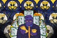An illustration that shows a wall of stained glass Catholic nuns, in bright blues and yellows. In front of them is a man counting paper money. He casts a shadow that blocks out the colorful nuns behind him. Geometric clip boards radiate outward from behind the man's head and body. The clip boards show profit increases.