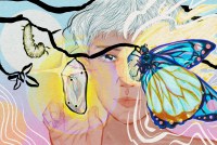 An illustration drawn with pencil and gently colored digitally shows a child with white hair reaching out to touch their finger to a butterfly cocoon that is hanging from a branch in front of them. On their left, there is a caterpillar that has yet to undergo metamorphosis. On the right of the cocoon, and covering half of the child's face, a butterfly emerges in the colors of the transgender flag.