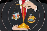 An illustration of an unidentifiable male figure, wearing a red tie and dark grey suit, holding a golden scale. On the left scale, which is lighter and raised high, are medical items. On the right side is a restaurant worker, presumably on Medicaid.