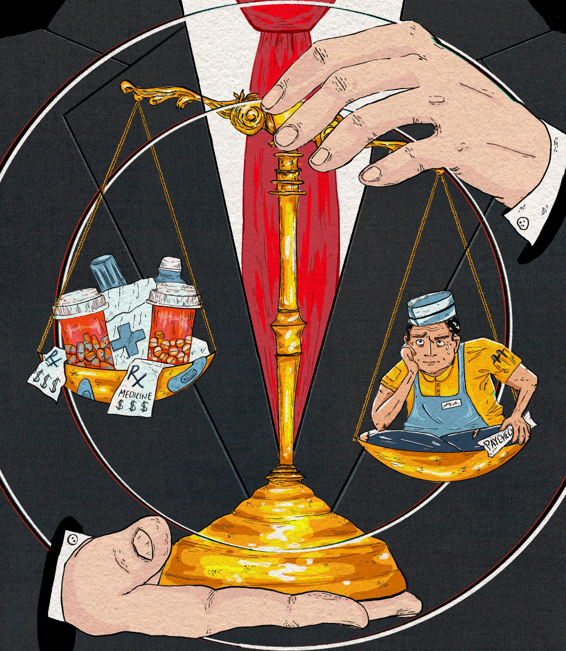 An illustration of an unidentifiable male figure, wearing a red tie and dark grey suit, holding a golden scale. On the left scale, which is lighter and raised high, are medical items. On the right side is a restaurant worker, presumably on Medicaid.