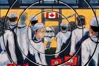 An illustration drawn in pen and ink and colored lightly with watercolor shows a crowd of doctors gathering around an airline gate for a flight to Canada. The doctor in the center looks back at the viewer with an expression that shows concern and remorse.