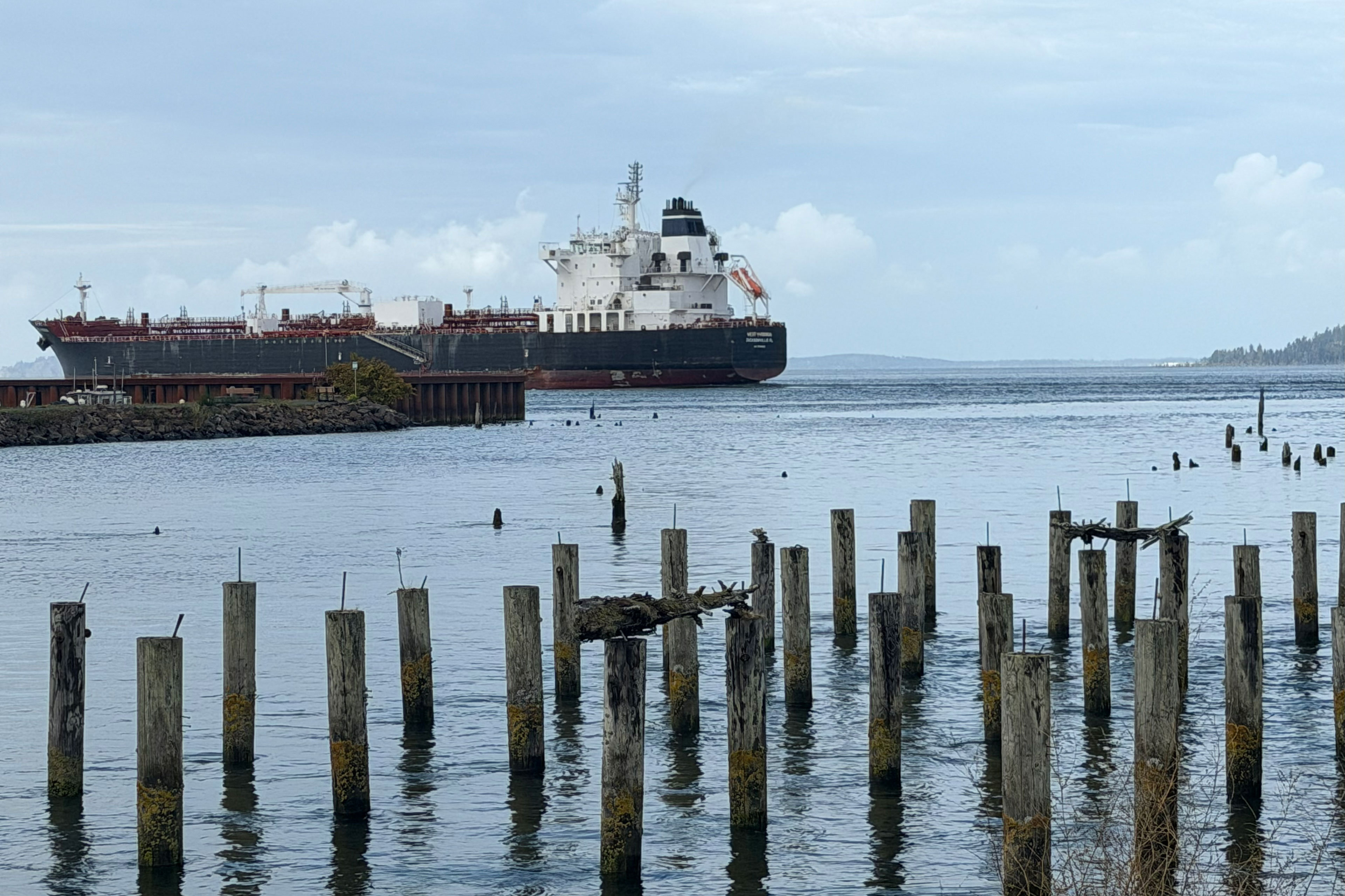 A cargo ship moves along the Columbia river. Wooden posts stick out of the water in the foreground, closer to shore.
