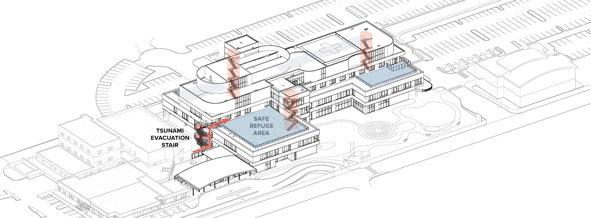 A line drawing of a building and surround parking lots has colors highlighting the "Tsunami Evacuation Stair", additional stairs inside the building, and two areas marked "Safe Refuge Area."