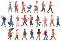 A vector illustration with three rows of a diverse group of people walking.